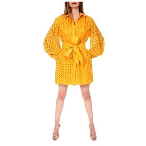 Aggi by Halewski Mona Sunflower Dress M Eyelet Lace Balloon Sleeve Shirt Dress